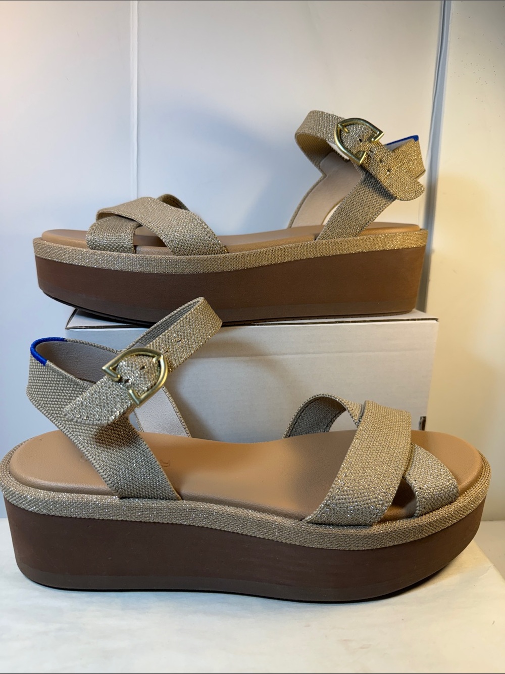 Rothy's Natural Beige Woven Platform Sandals with Gold Buckle